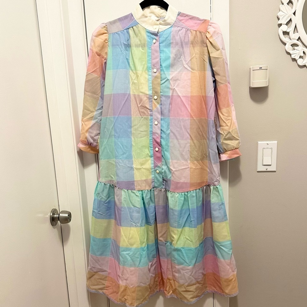 Vintage Harvey Celler Pastel Checkered Plaid Button Up Prairie Dress Womens 8